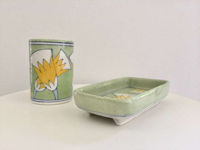 handmade ceramic pottery modern green floral tumbler toothbrush cup sponge holder 