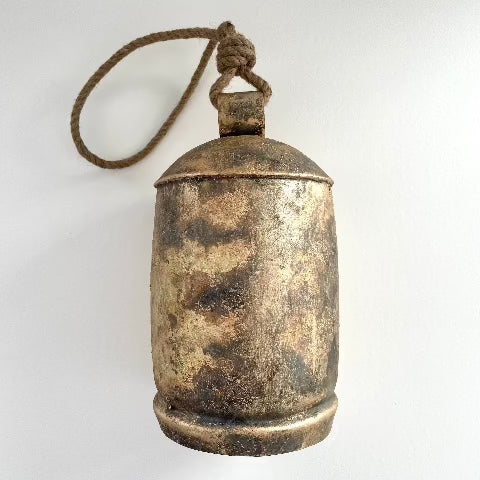 11 inch large rustic brass finished tin cow bell with wood striker and jute hanger