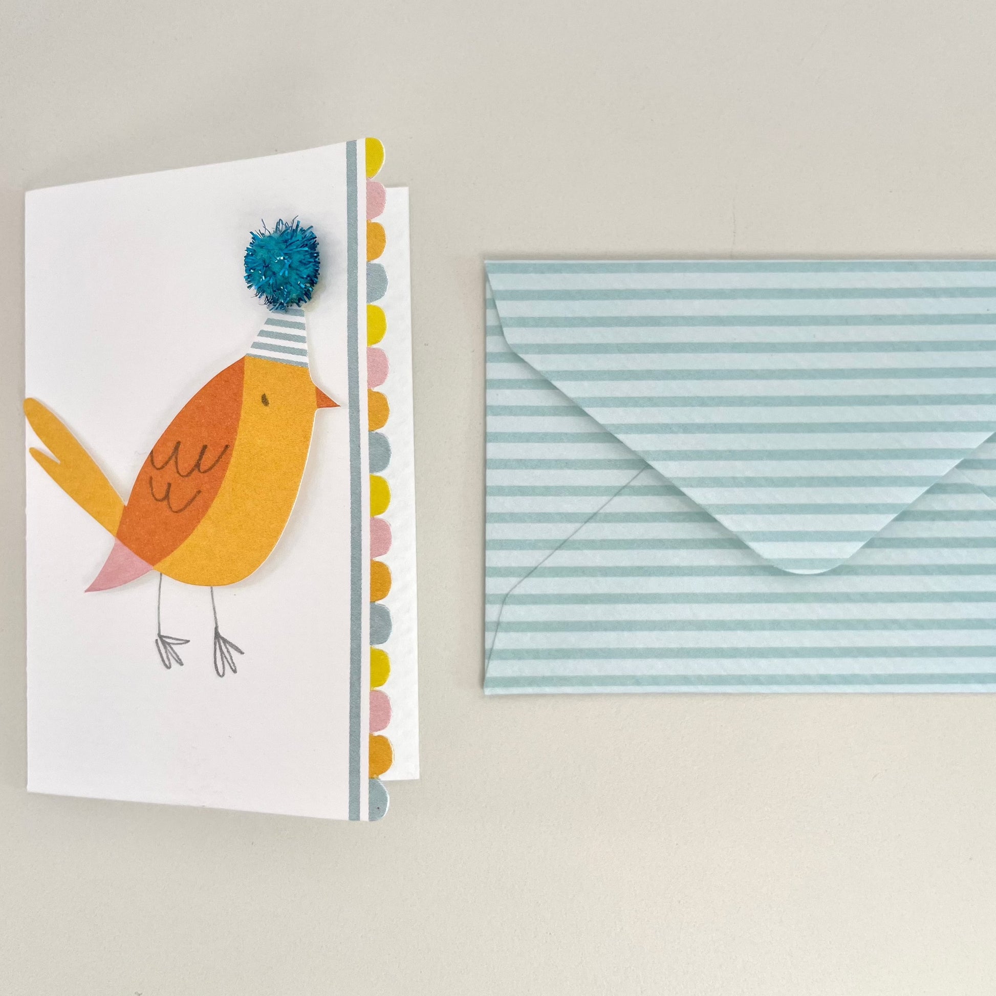 3D mini paper bird gift enclosure card with glitter pompom party hat and striped envelope