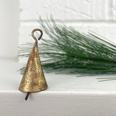 3 inch cone shaped rustic brass bell with tin striker for an old world style