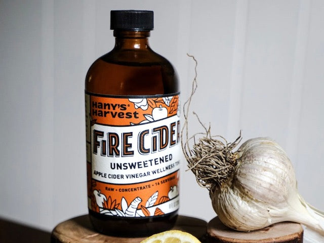 Hany's Harvest natural and small batch Original Unsweetened Fire Cider with garlic