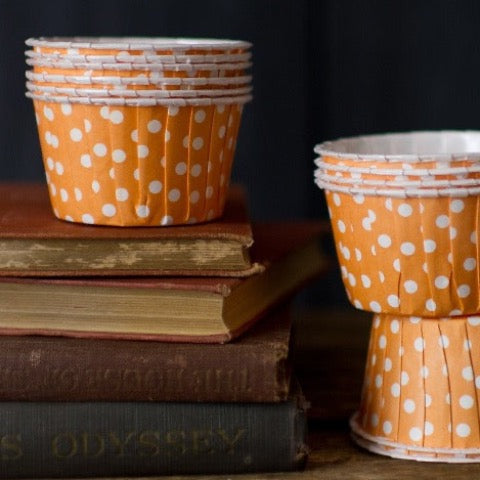 orange and white polka dot nut cups or cupcake liners party supplies