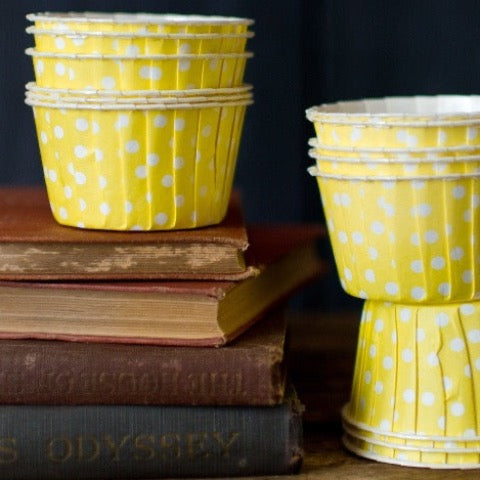 yellow and white polka dot nut cups or cupcake liners party supplies