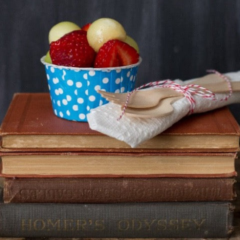 blue and white polka dot nut cups to hold fruit for a cute lunch or use for a party