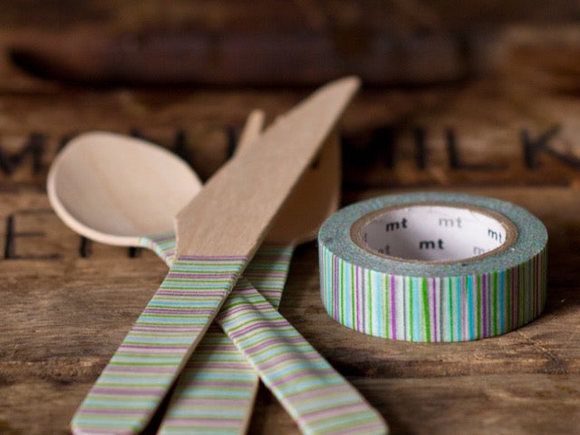green, blue, purple, and grey variegated striped MT Brand Japanese washi tape roll