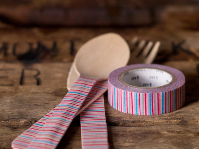 red, grey, and blue variegated striped MT Brand Japanese washi tape roll