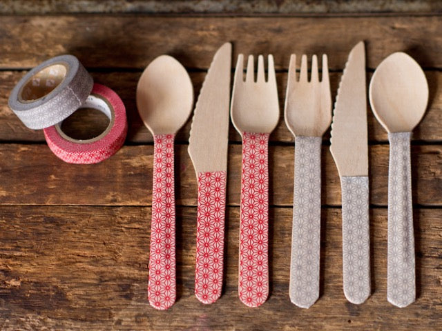 decorate wooden cutlery with grey and red flower printed Japanese washi tape