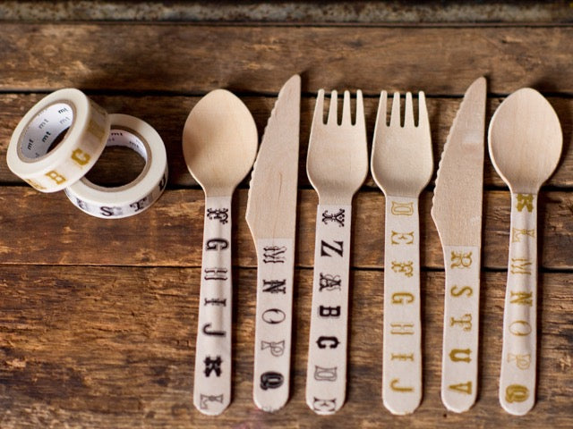 decorate wooden cutlery with gold and black vintage alphabet print MT Brand Japanese washi tape