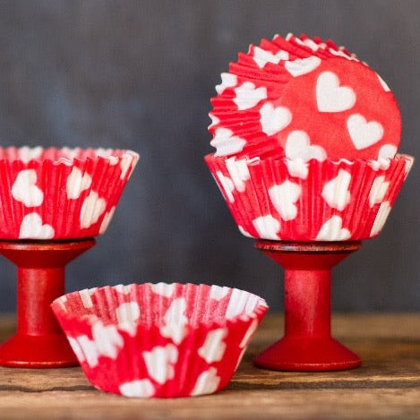 red and white heart printed paper cupcake liners for Valentines Day