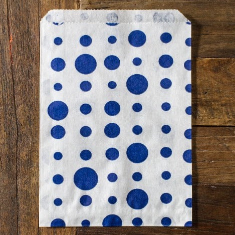blue and white polka dot candy, treat, or gift party paper bags