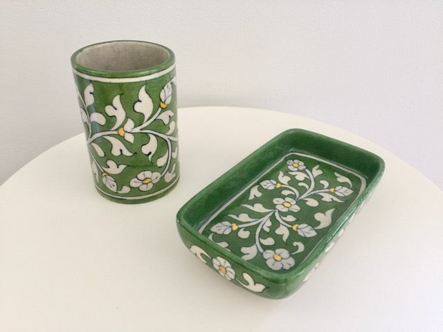 handmade ceramic pottery green floral soap dish with matching tumbler
