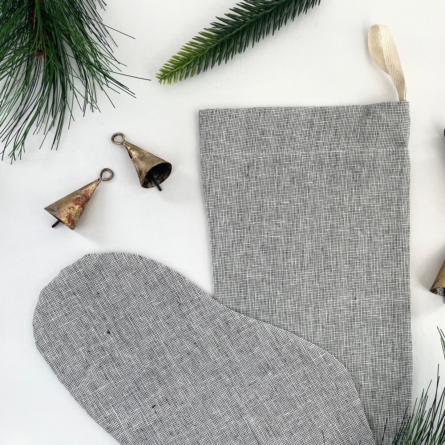 grey handmade linen Christmas stocking