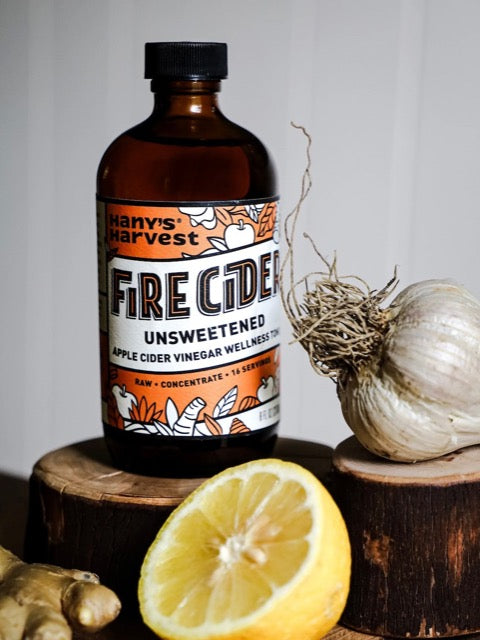 Hany's Harvest natural and small batch Original Unsweetened Fire Cider with garlic and lemon