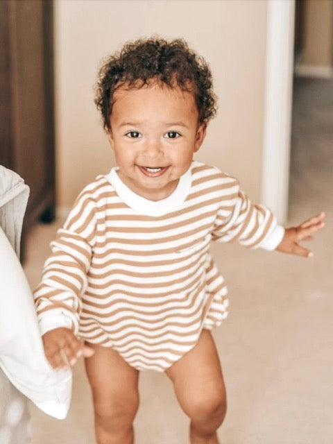 striped tan and white baby sweatshirt romper with ribbed collar and sleeves