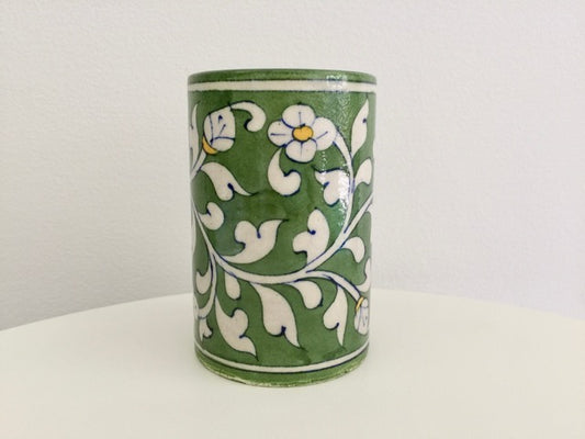 handmade ceramic pottery green floral tumbler toothbrush cup sponge holder 