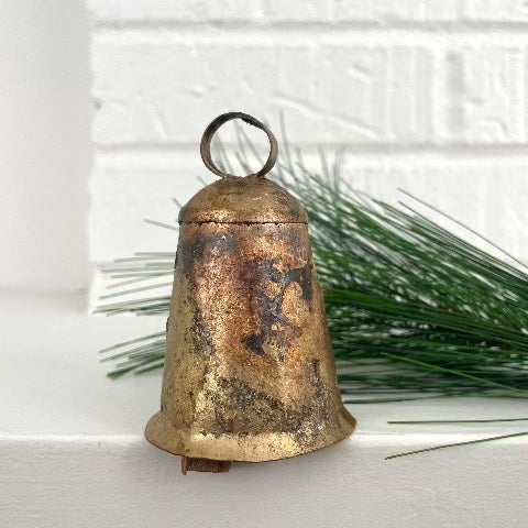 3 inch rustic tin flared brass bell with wood striker for an old world holiday decor