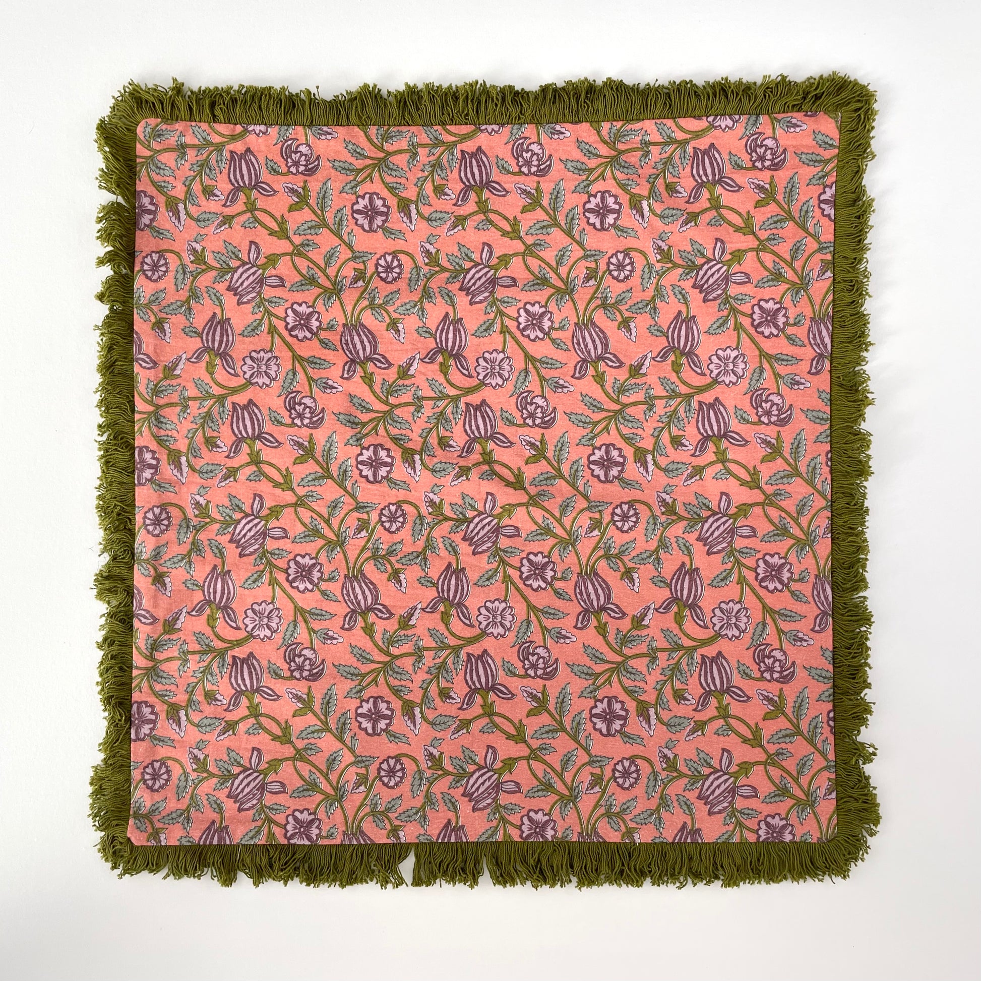 pink floral 18 inch square pillow cover with green fringe 