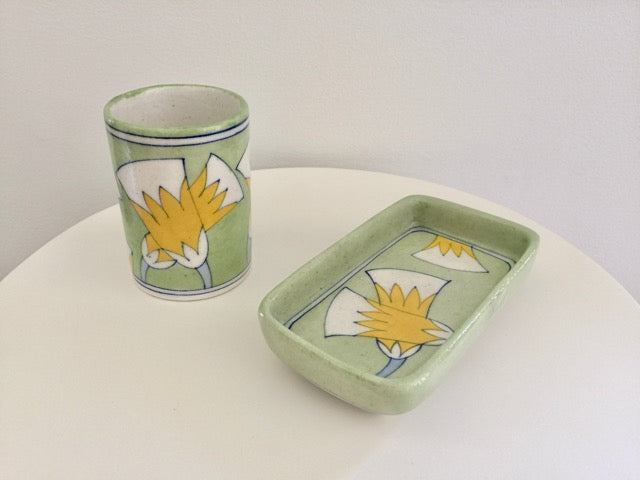 handmade ceramic pottery modern green floral soap dish with matching tumbler