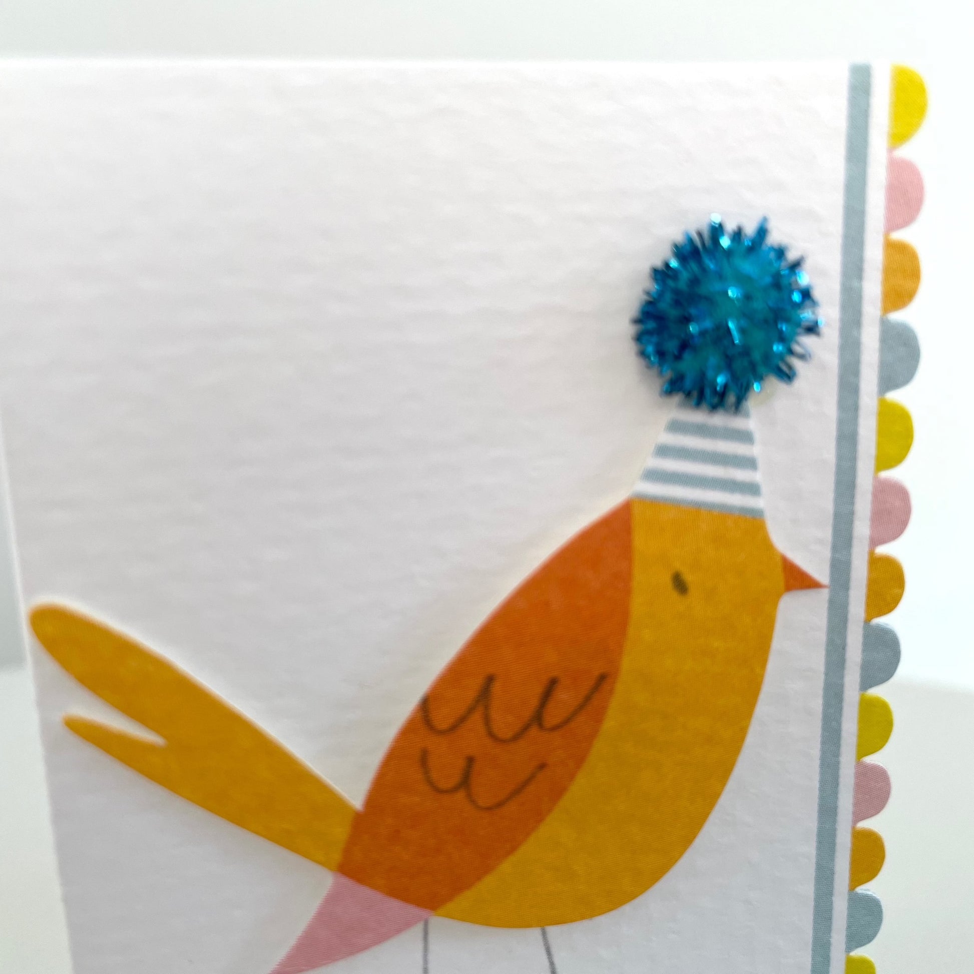 3D mini paper bird gift enclosure card with glitter pompom party hat and striped envelope