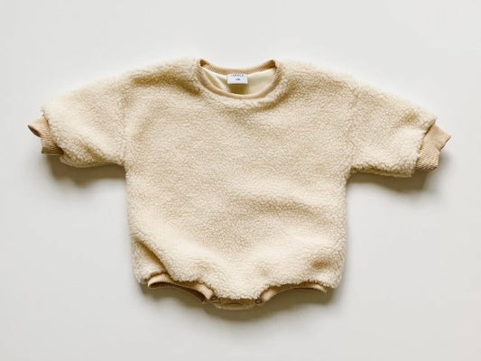 cream sherpa baby sweatshirt romper with ribbed collar and sleeves