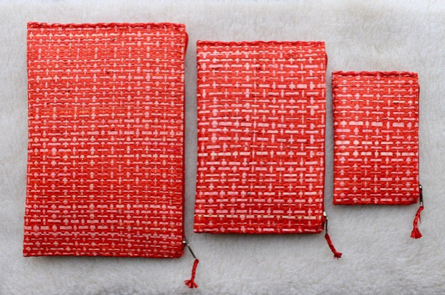 set of 3 hot pink textured raffia woven bohemian zippered pouches