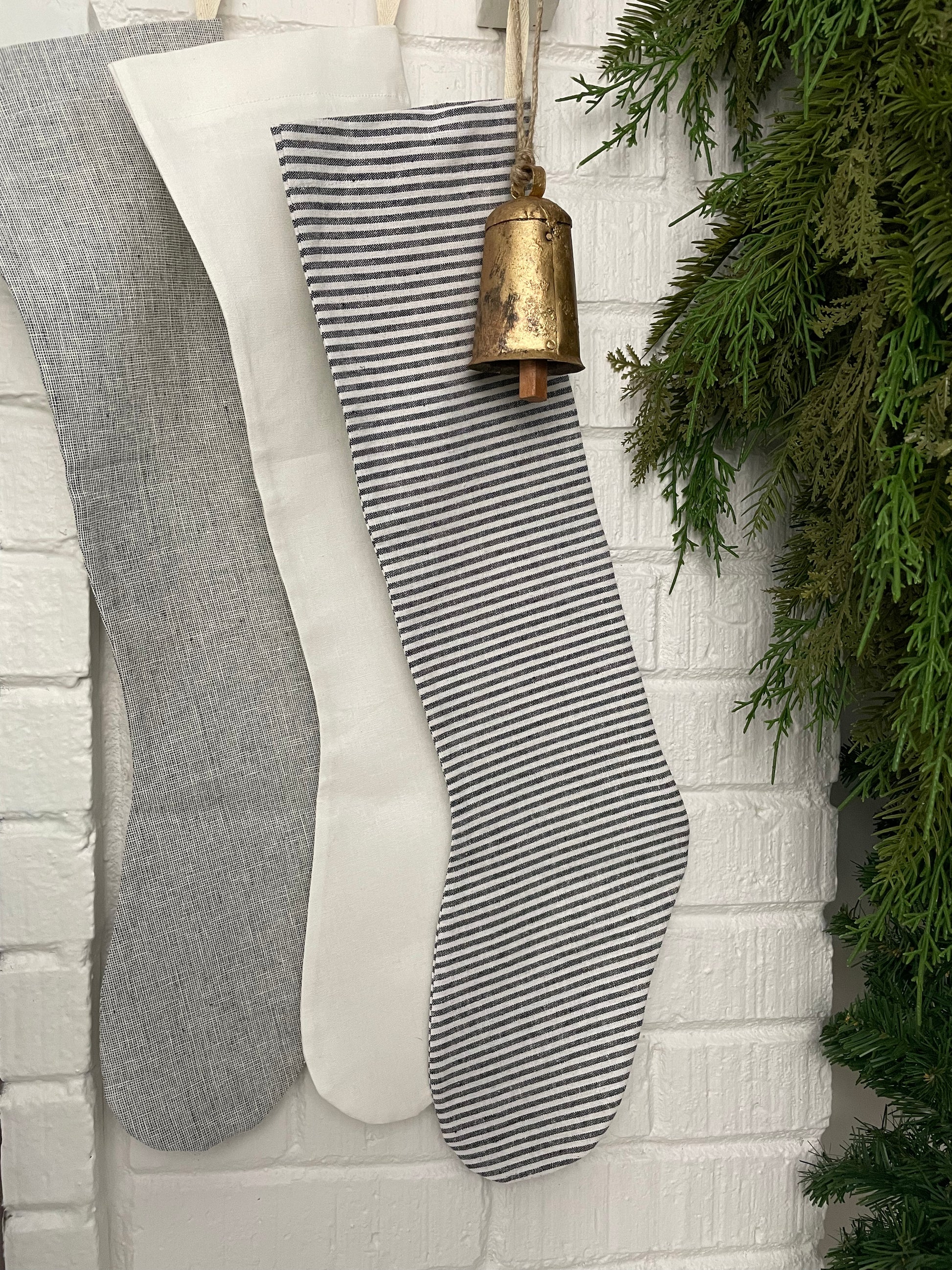 handmade linen long scandinavian modern farmhouse Christmas stocking in black and white stripe, charocal grey, and ivory
