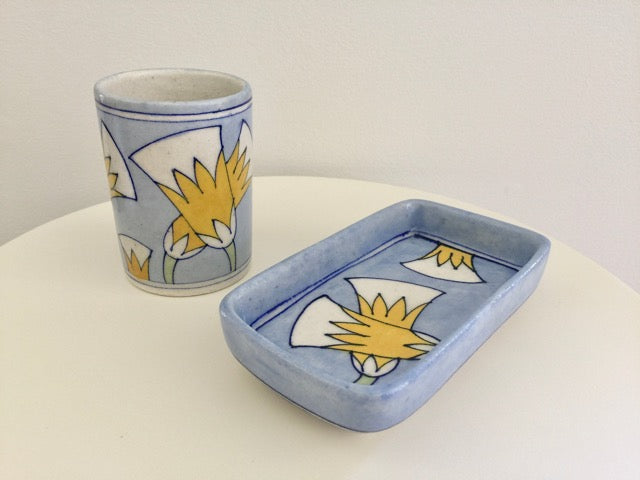 handmade ceramic pottery modern blue floral soap dish with matching tumbler