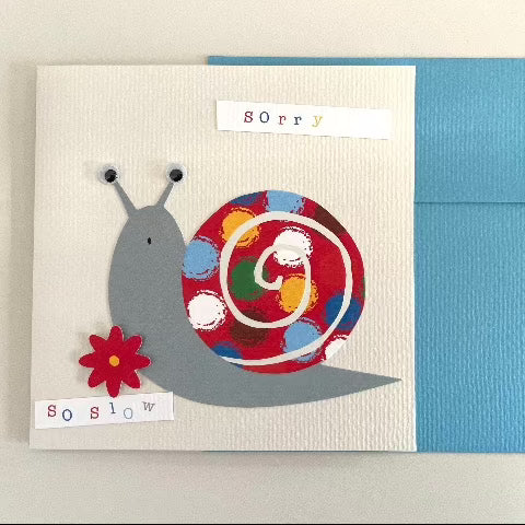 "sorry so slow" snail belated birthday card and envelope