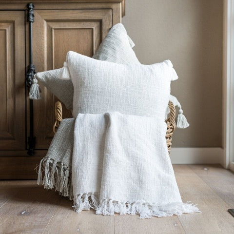 100 percent cotton stone washed neutral hand woven tassel pillow cover