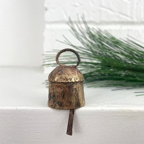 rounded top rustic tin bell with brass finish for an old world holiday decor