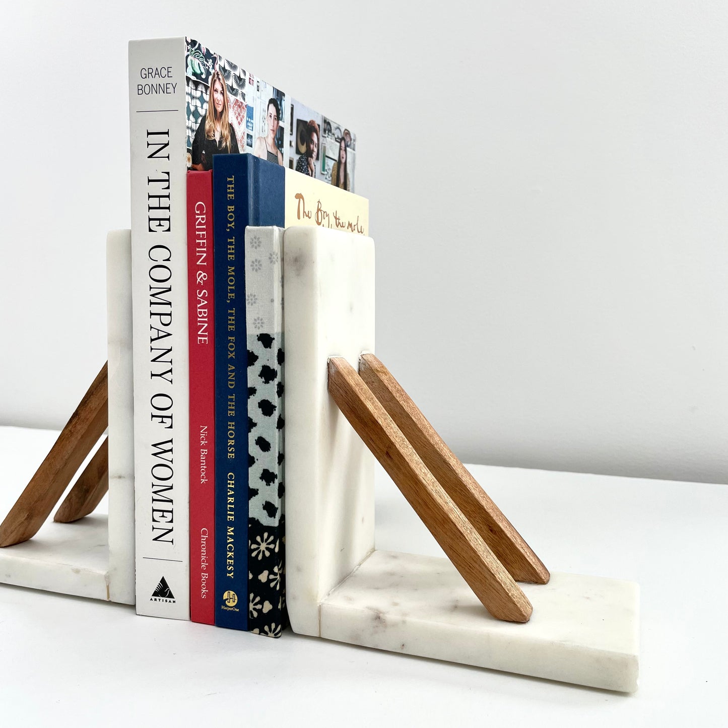 white marble and acacia wood minimal book ends