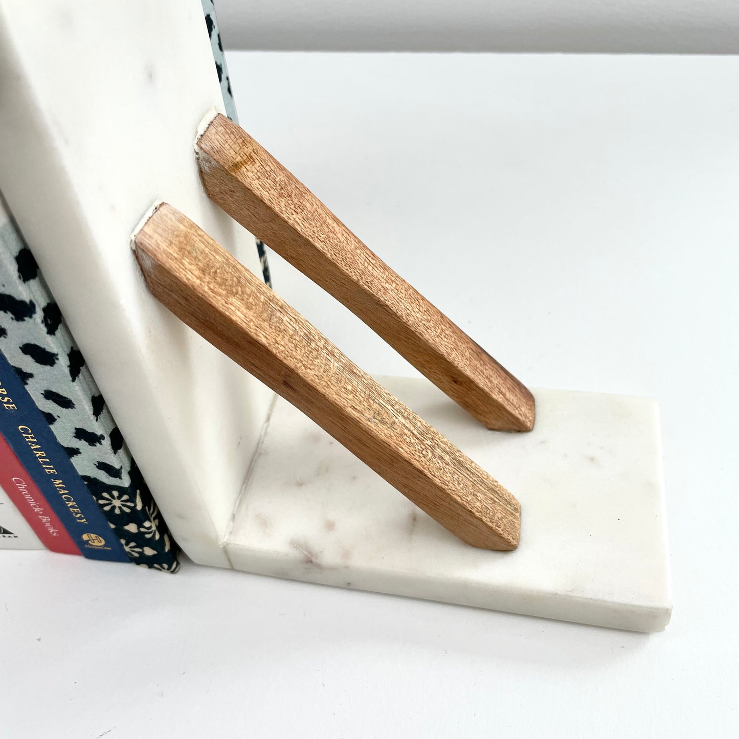 white marble and acacia wood minimal book ends