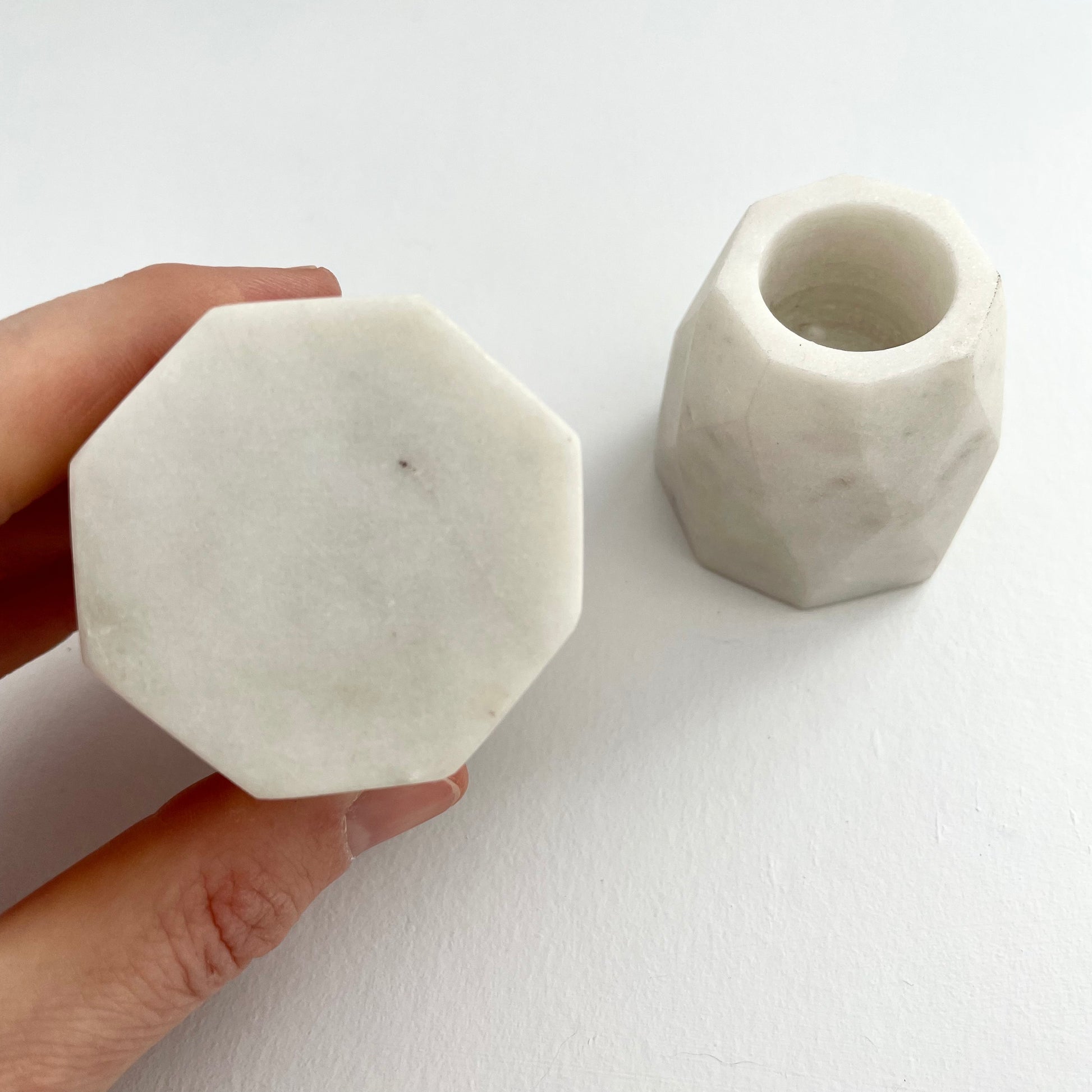 white stone hand turned geometric taper candle holders