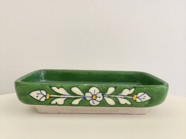 handmade ceramic pottery green floral soap dish