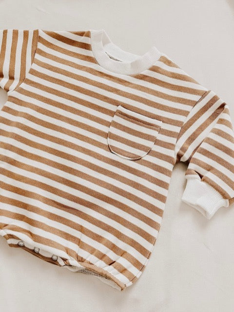 striped tan and white baby sweatshirt romper with ribbed collar and sleeves