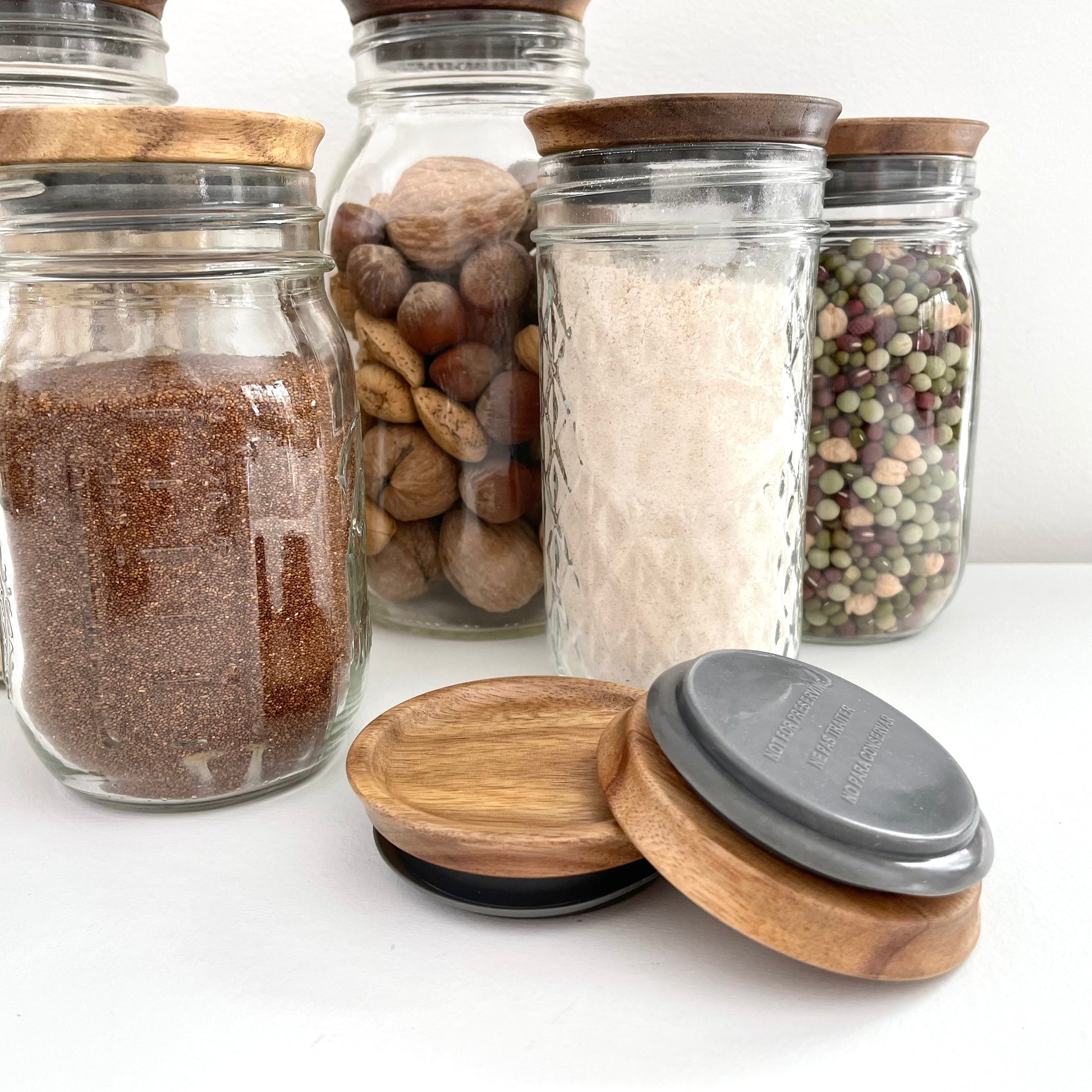 sustainable dark wood standard size mason jar canning lid for organizing pantry