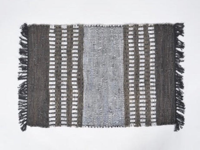 grey brown and black leather and jute striped 2x3 rug