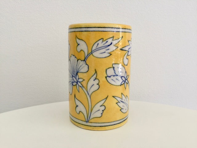 handmade ceramic pottery yellow floral tumbler toothbrush cup sponge holder 