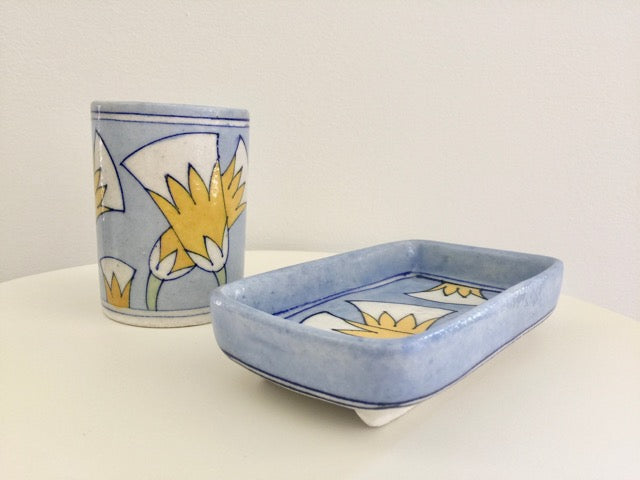 handmade ceramic pottery modern blue floral tumbler toothbrush cup sponge holder 