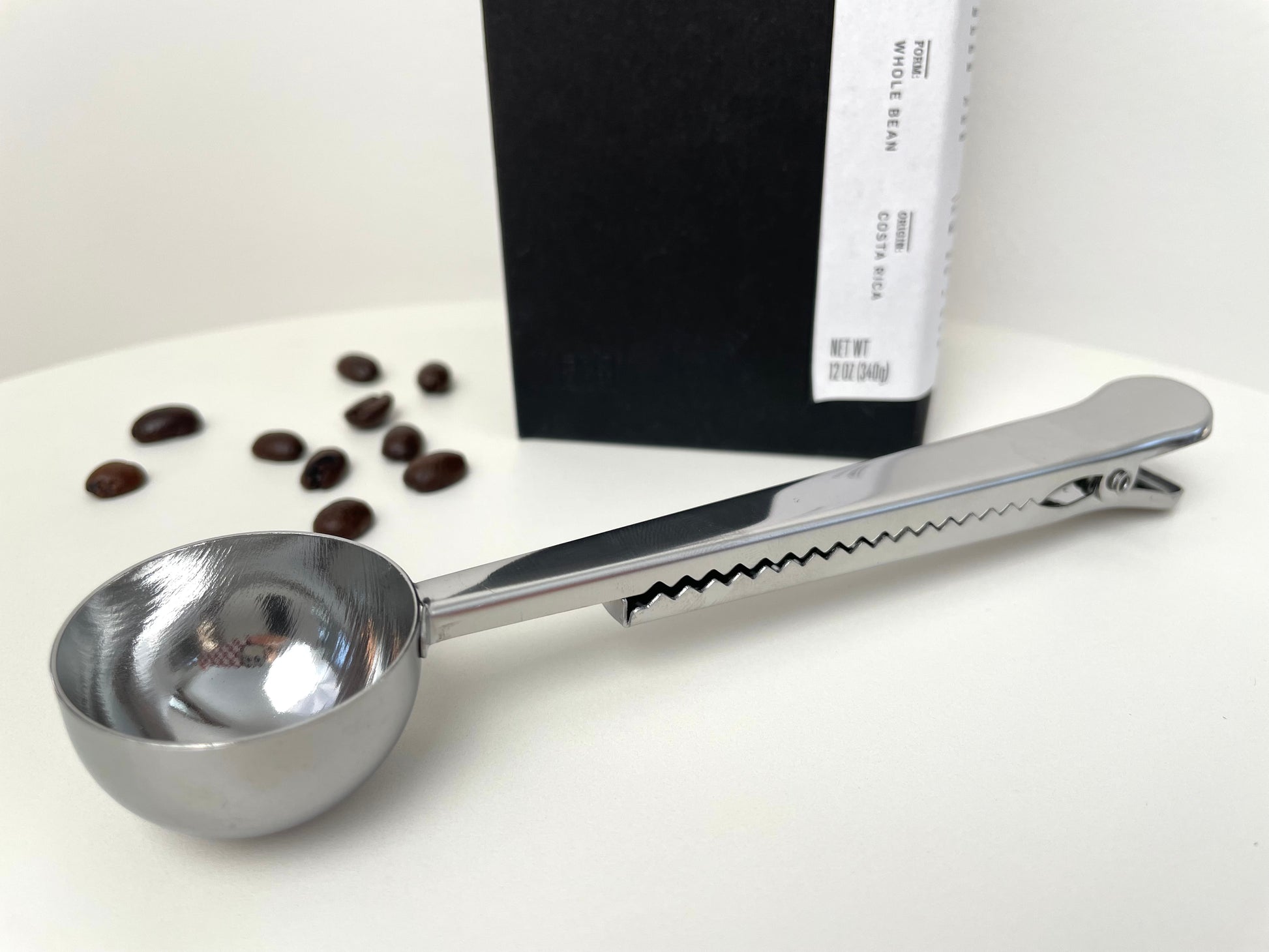 silver stainless steel metal coffee scoop with clip 