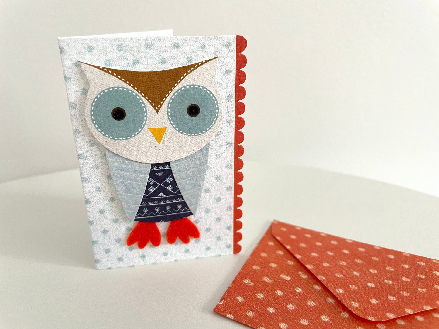 owl 3D gift enclosure greeting card with polka dot patterned envelope