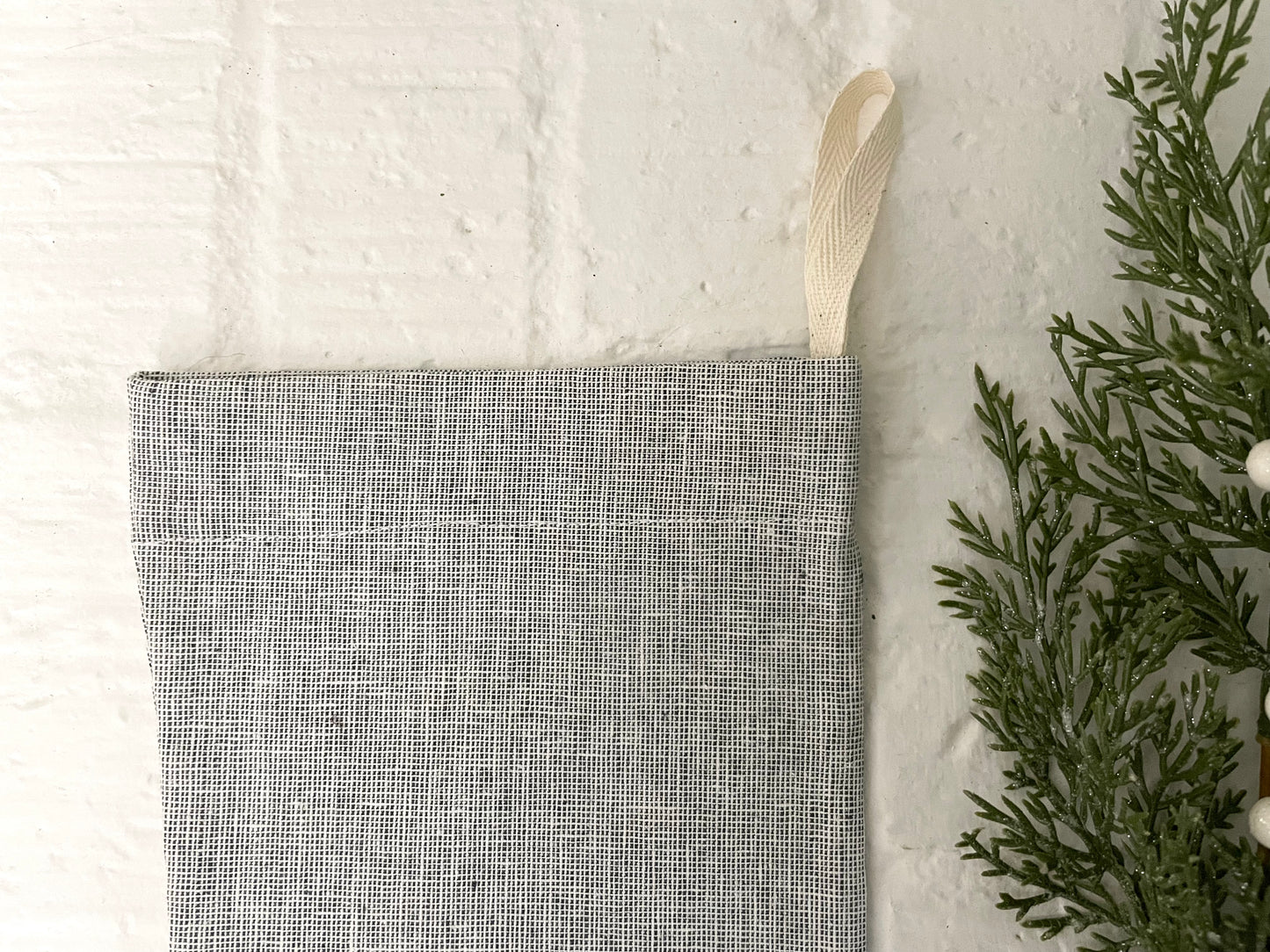 grey handmade linen Christmas stocking