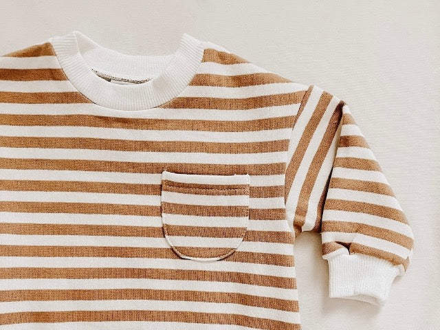 striped tan and white baby sweatshirt romper with ribbed collar and sleeves