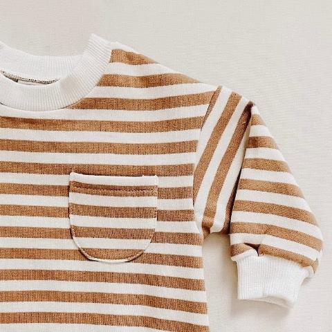 striped tan and white baby sweatshirt romper with ribbed collar and sleeves