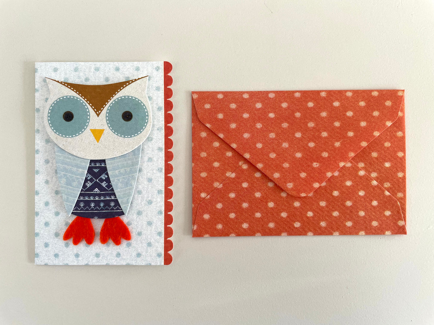 owl 3D gift enclosure greeting card with polka dot patterned envelope