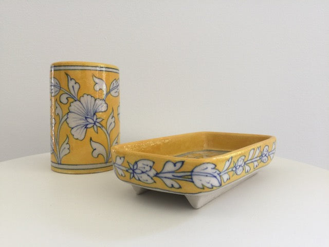 handmade ceramic pottery yellow floral tumbler toothbrush cup sponge holder  with matching soap dish