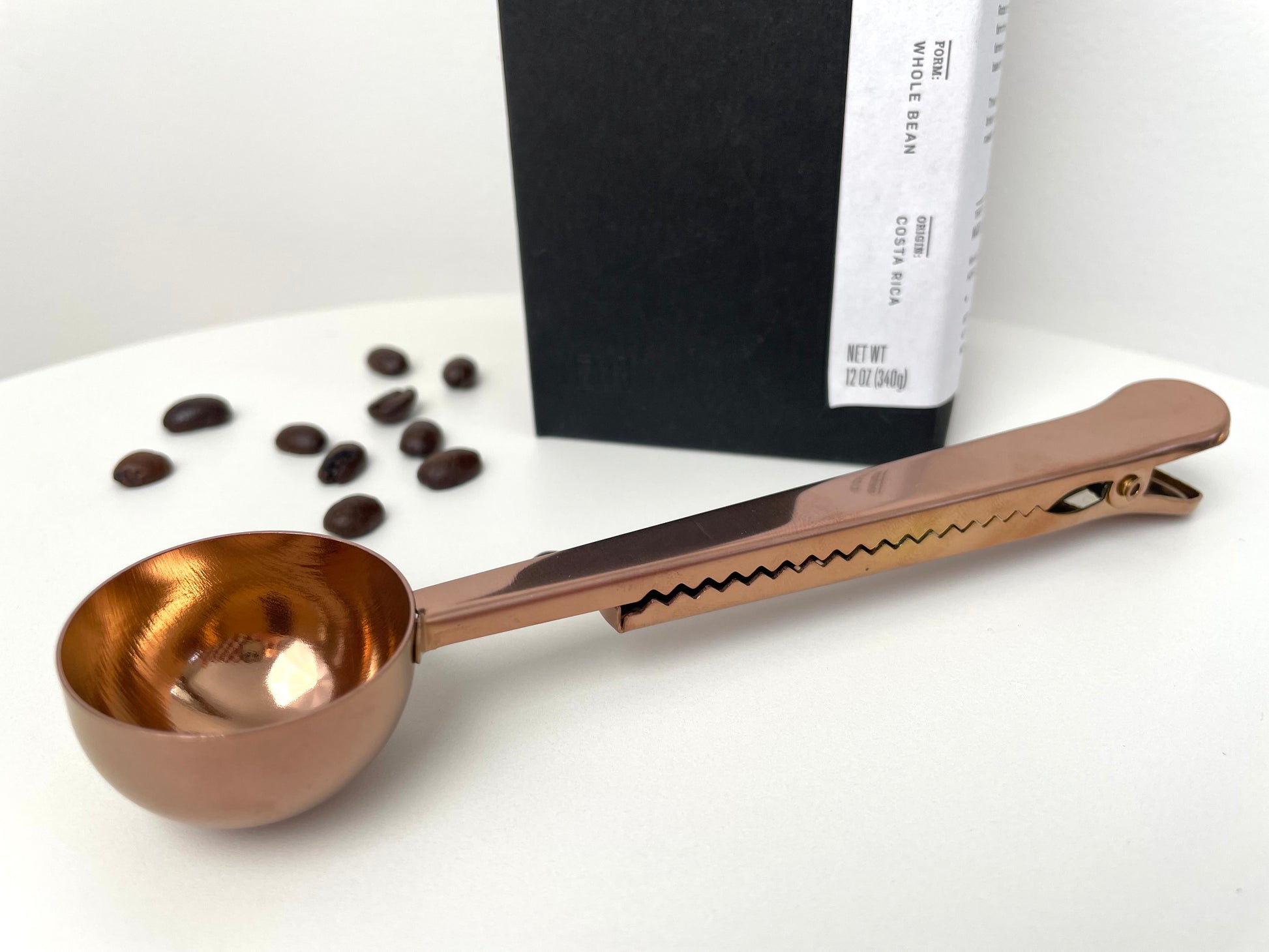 rose gold stainless steel metal coffee scoop with clip 