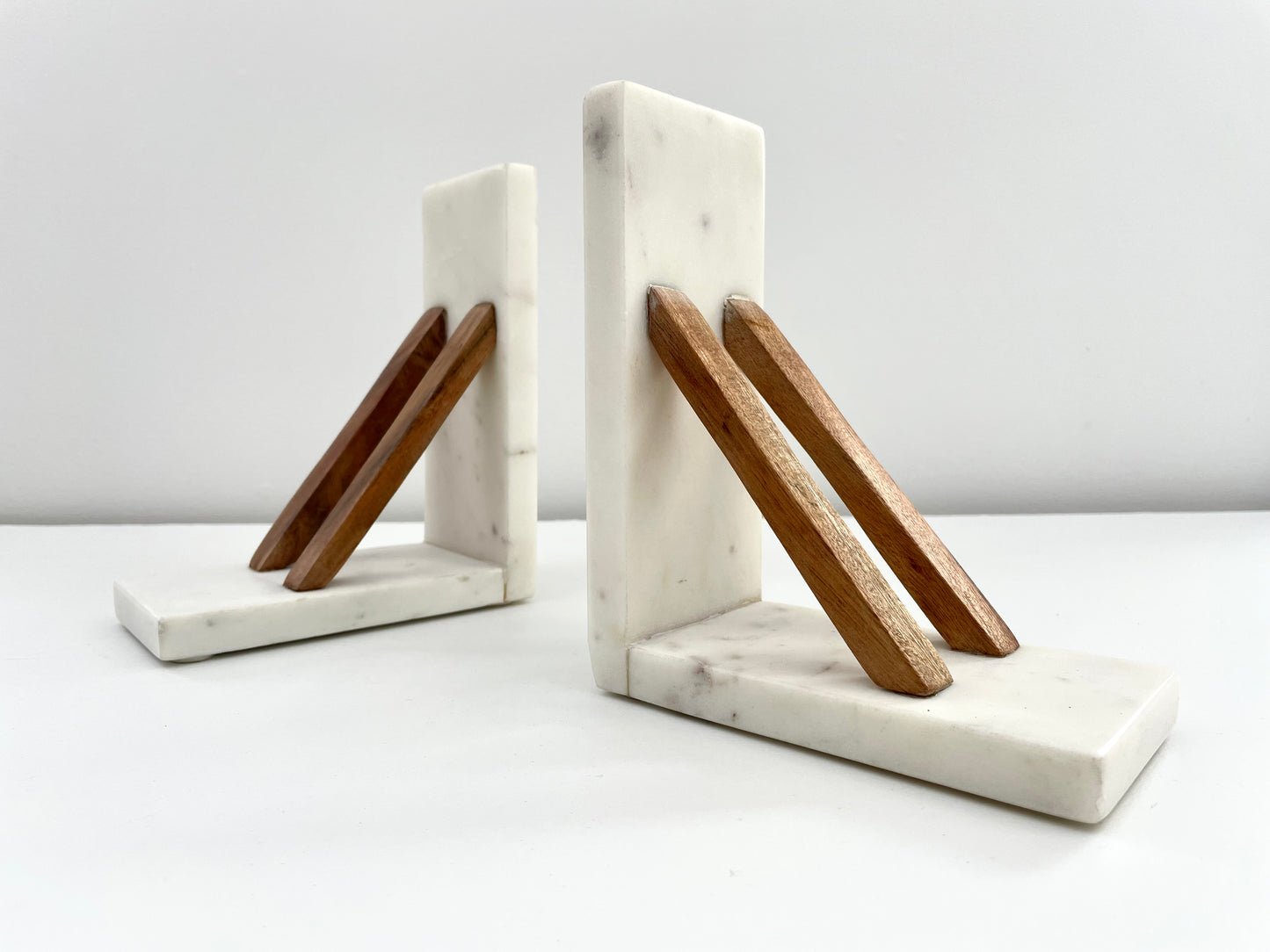 white marble and acacia wood minimal book ends