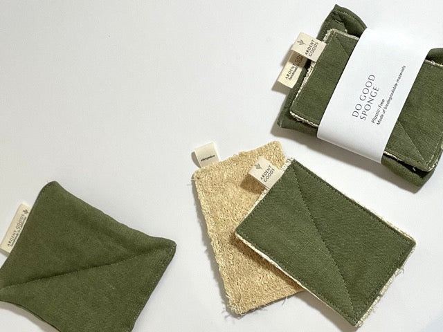 handmade loofah and linen eco sustainable sponge set in hunter green