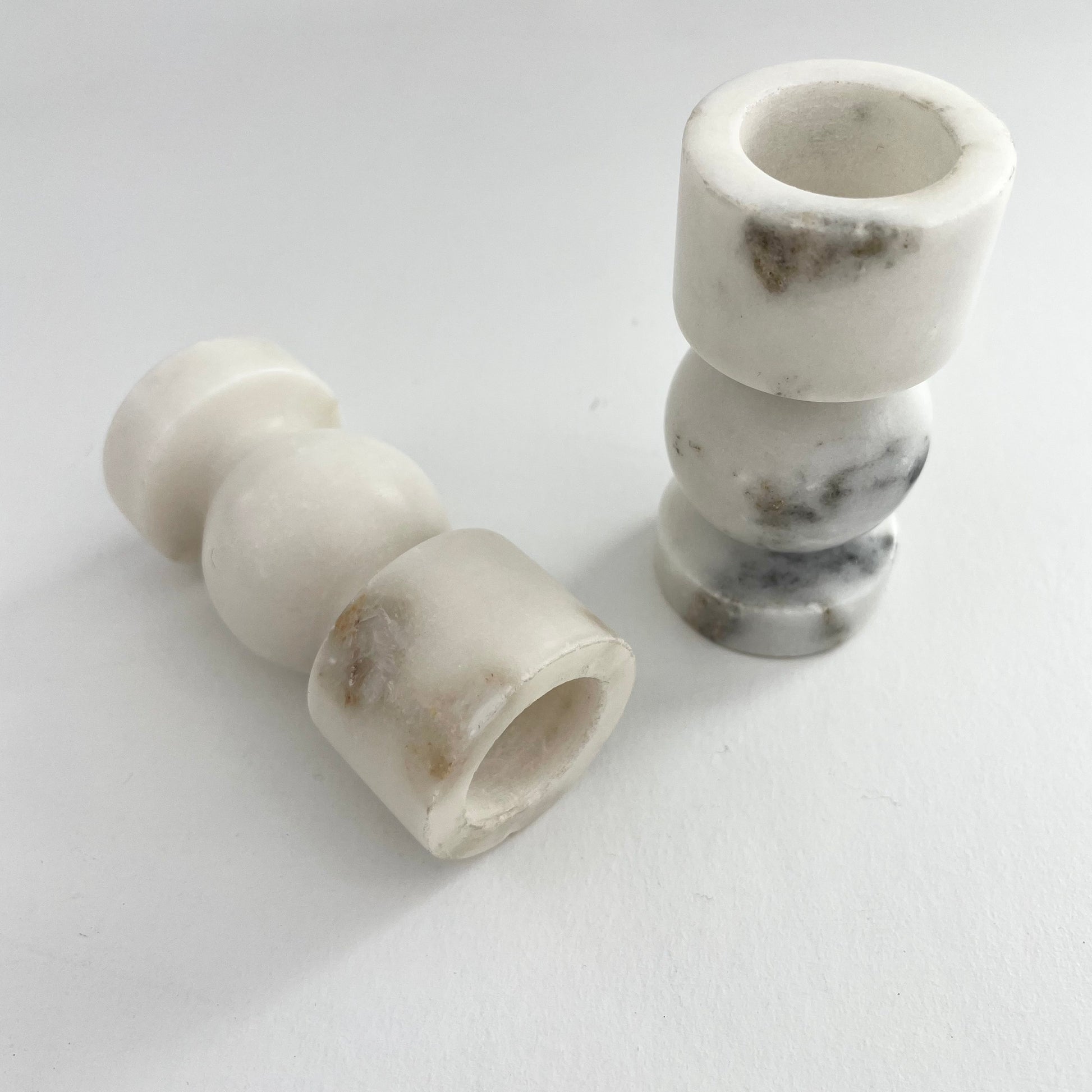 white stone hand turned bulbous taper candle holders